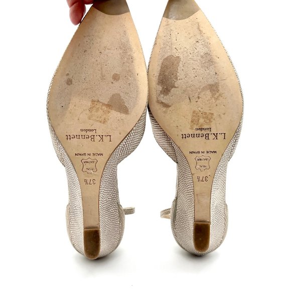 L.K. Bennett Alex Ankle Strap Pump Leather Pointed Toe Metallic Short Wedge - 7 - Picture 7 of 10